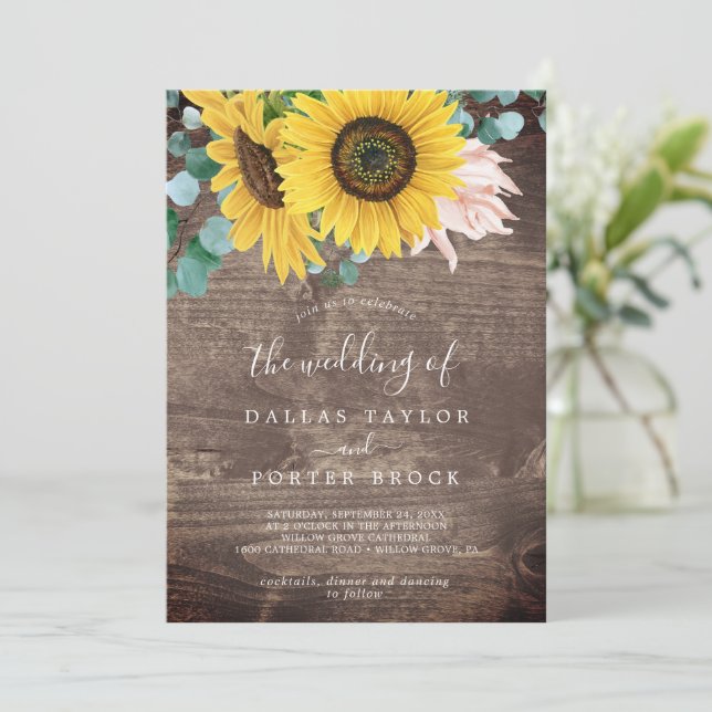 Eukalyptus rustic Sunflower | Lighter Wood Wedding Einladung (Stehend Vorderseite)