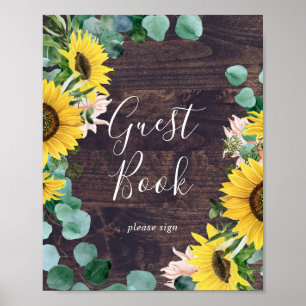 Eukalyptus rustic Sunflower   Wood Guest Book Sign Poster