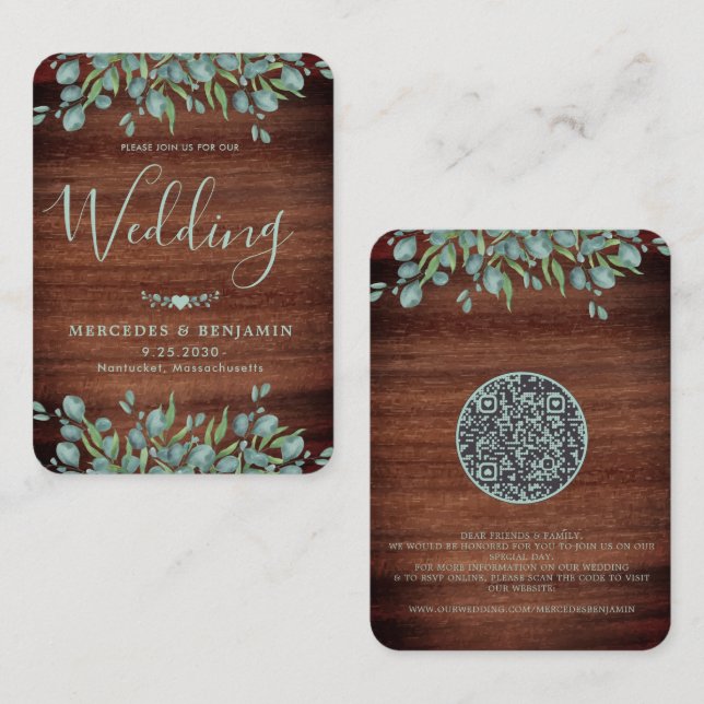 Eukalyptus Rustic Wood QR Code Hochzeit Einladung (Vorne/Hinten)
