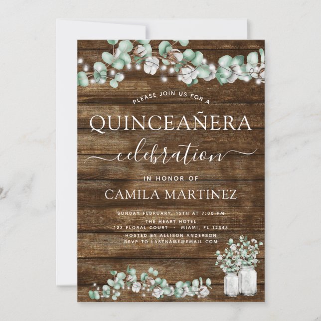 Eukalyptus Rustic Wood Quinceanera Celebration Einladung (Vorderseite)