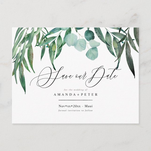 Eukalyptus rustikal, Grüne Save the Date Postkarte (Vorderseite)
