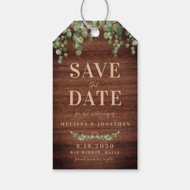 Eukalyptus rustikales Holz Save the Date Geschenkanhänger (Vorderseite)