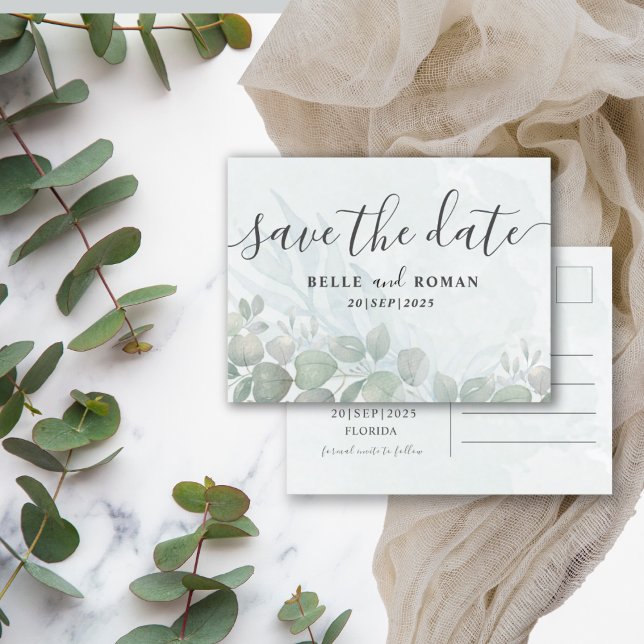 Eukalyptus Sage Green Save the Date Postkarte (Von Creator hochgeladen)