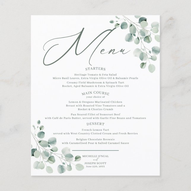Eukalyptus Sage Green Watercolor Wedding Menu (Vorderseite)