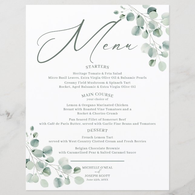 Eukalyptus Sage Green Watercolor Wedding Menu (Vorderseite)