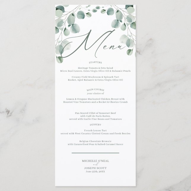 Eukalyptus Sage Green Watercolor Wedding Menu Menükarte (Vorderseite)