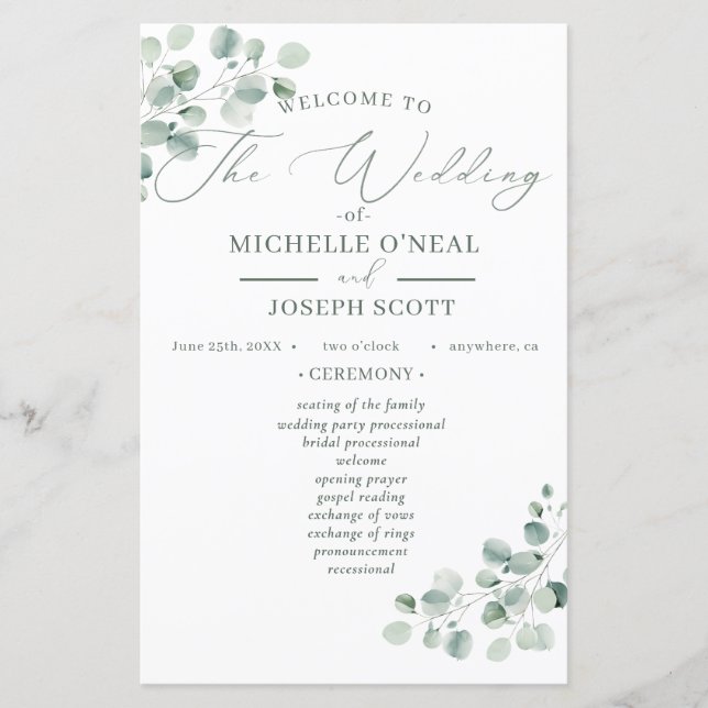 Eukalyptus Sage Green Watercolor Wedding Program (Vorderseite)