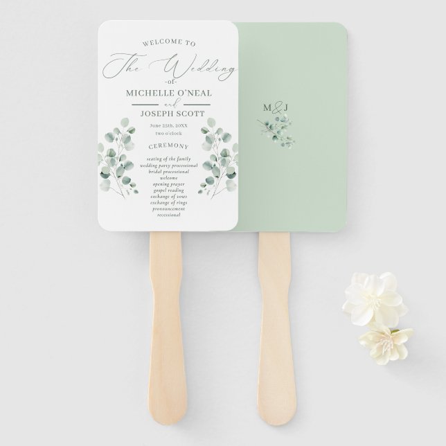 Eukalyptus Sage Green Watercolor Wedding Program Fächer (Vorne und Hinten)