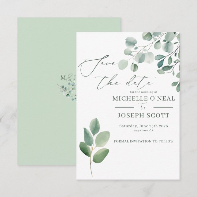 Eukalyptus Sage Green Watercolor Wedding Save The Date (Vorne/Hinten)
