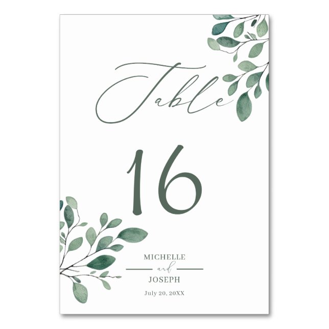 Eukalyptus Sage Green Watercolor Wedding Tischnummer (Vorderseite)