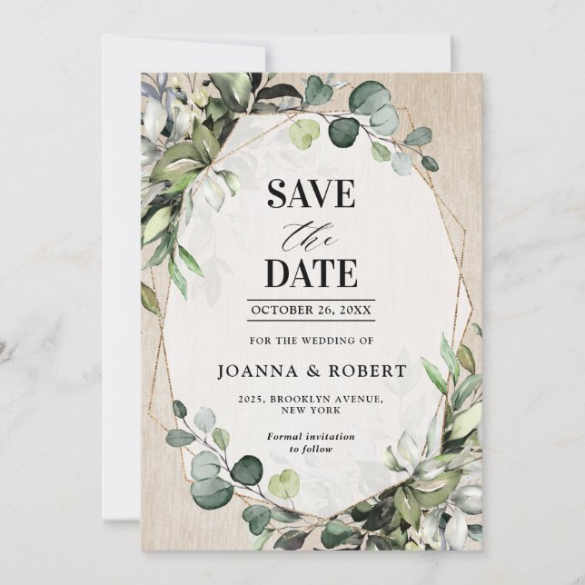 Eukalyptus Sage Greenery Moderne geometrische Hoch Save The Date (Vorderseite)