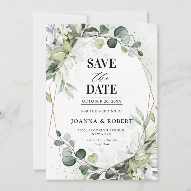 Eukalyptus Sage Greenery Moderne geometrische Hoch Save The Date (Vorderseite)