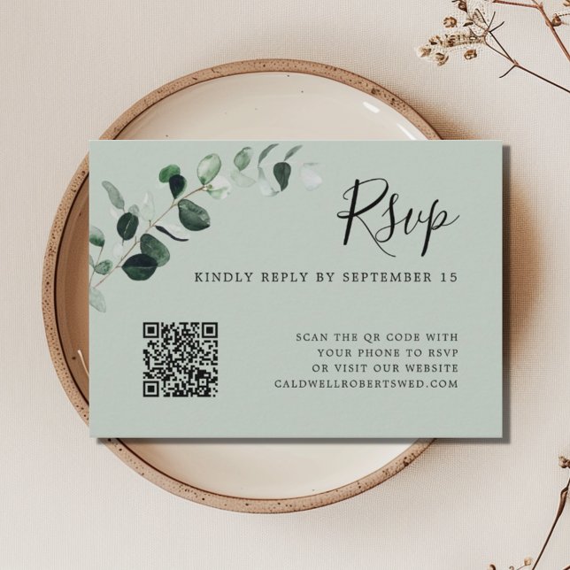 Eukalyptus Sage QR Code Wedding RSVP Begleitkarte (Eucalyptus Sage QR Code Wedding RSVP Card)