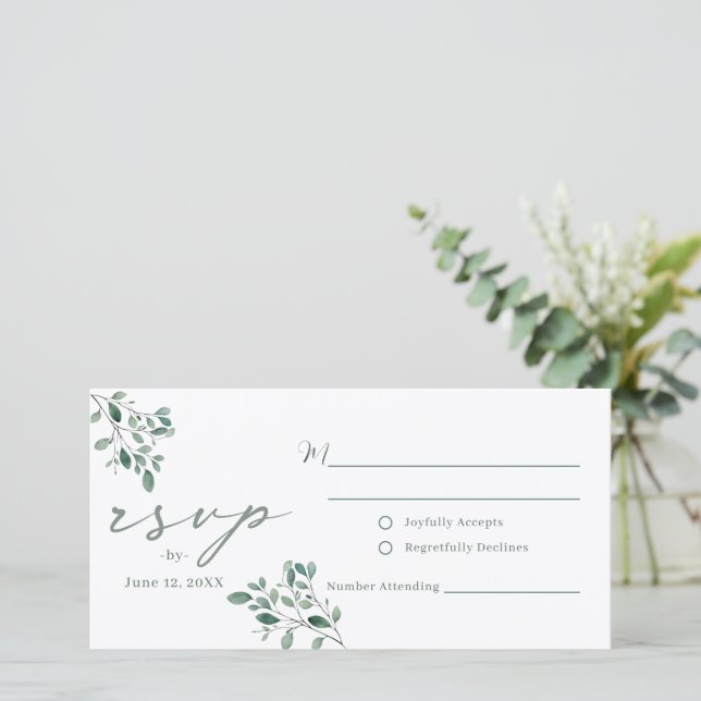 Eukalyptus Sage Wasserfarbige Hochzeit RSVP Postka (Stehend Vorderseite)