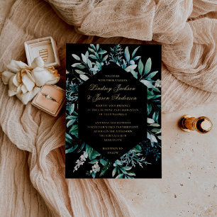 Eukalyptus Schwarz und Goldfolie geprägte Hochzeit Folieneinladung