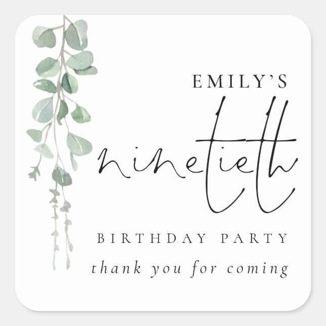 Eukalyptus Script 90. Geburtstag Vielen Dank Quadratischer Aufkleber (Vorderseite)