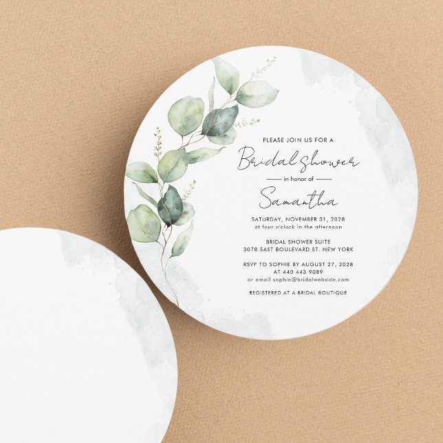 Eukalyptus Script Modernes Brautparty Einladung (Eucalyptus Greenery Watercolor Bridal Shower Round Invitation)