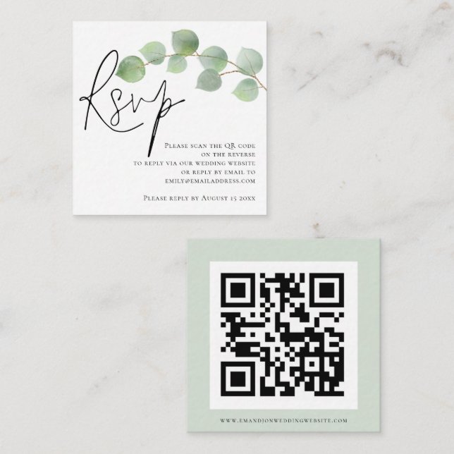 Eukalyptus Script QR Code Wedding RSVP Begleitkarte (Vorne/Hinten)