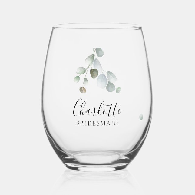 Eukalyptus Script Wedding Bridesmaid Weinglas Ohne Stiel (Vorderseite)