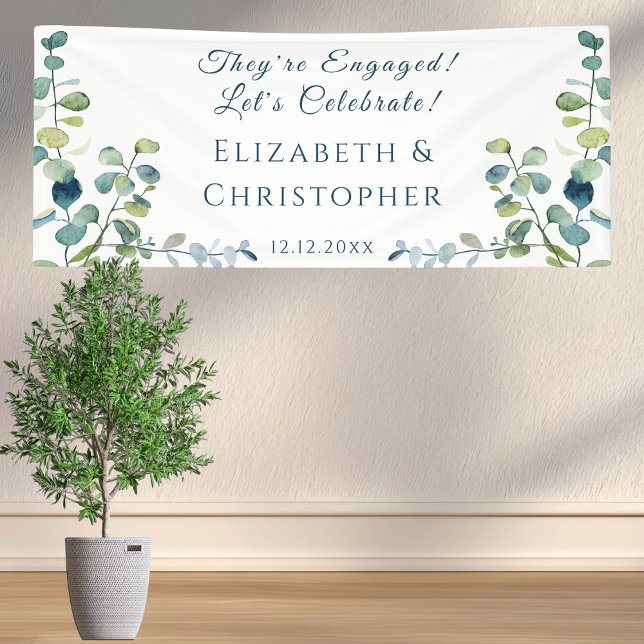 Eukalyptus Sie sind verlobt Party Banner (Elegant eucalyptus engagement banner with modern script and personalized monogram details.)
