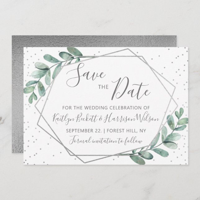 Eukalyptus Silver Geometric Wedding Save The Date (Vorne/Hinten)