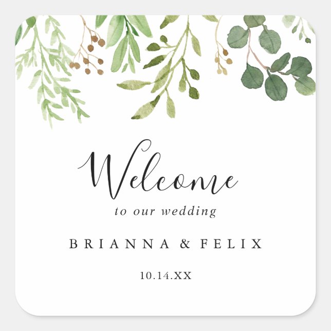 Eukalyptus Simple Brown Floral Wedding Willkommen Quadratischer Aufkleber (Vorderseite)
