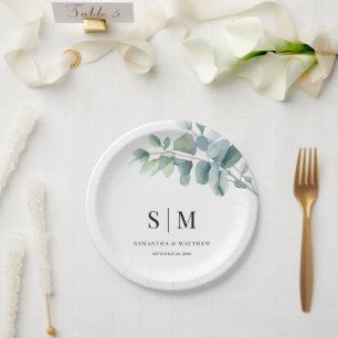 Eukalyptus Simple Elegant Couple Initials Wedding Pappteller