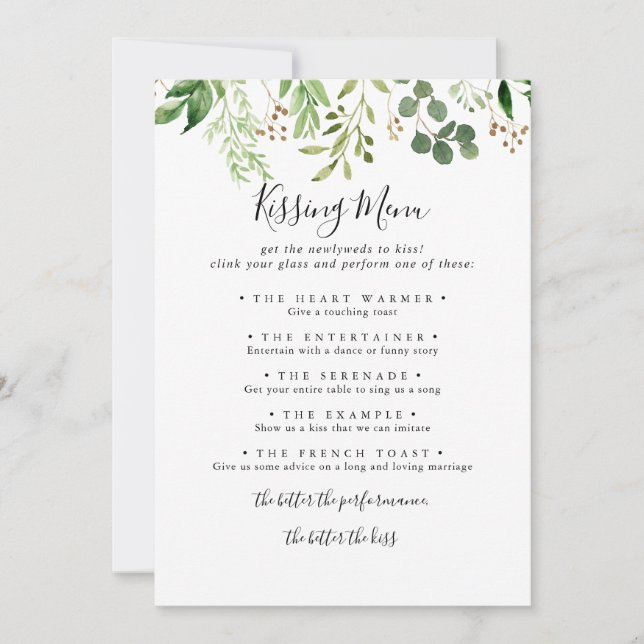 Eukalyptus Simple Wedding Kissing Menu Game Card (Vorderseite)