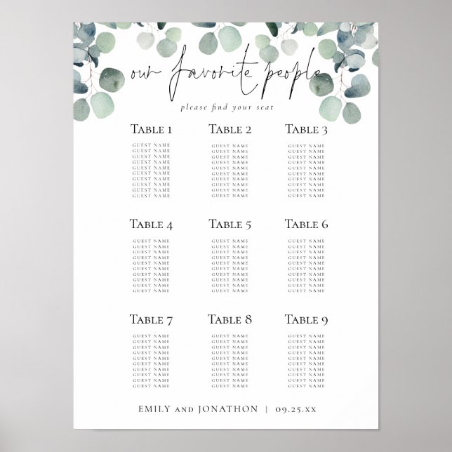 Eukalyptus-Sitzplan Hochzeit Liebhaber Poster (Vorne)