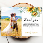 Eukalyptus-Sonnenblume 2 Fotos Hochzeit Dankeskarte<br><div class="desc">Rustikale Aquarellsonnenblume und Eukalyptus Hochzeit danke Ihnen Karten mit 2 Fotos und Drehbuch und modernen Schriftart.</div>