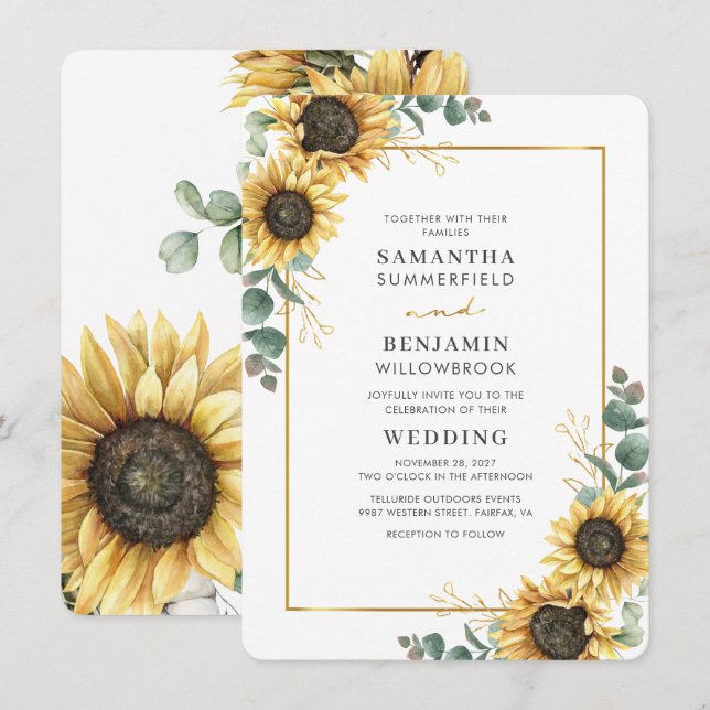 Eukalyptus-Sonnenblume Grüne Botanische Hochzeit Einladung (Vorne/Hinten)