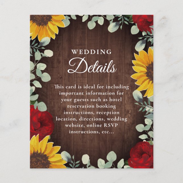 Eukalyptus-Sonnenblume Rote Rose Holz Hochzeitdeta (Vorderseite)