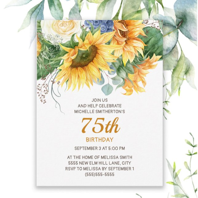Eukalyptus-Sonnenblumen 75. Geburtstag Postkarte (Sunflowers and eucalyptus women's 75th birthday invitation)