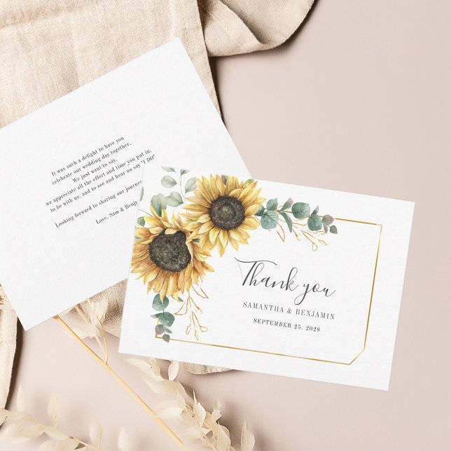 Eukalyptus-Sonnenblumen-Blätter Geometrische Hochz Dankeskarte (Floral Sunflower Wedding Script Eucalyptus Thank You Card)