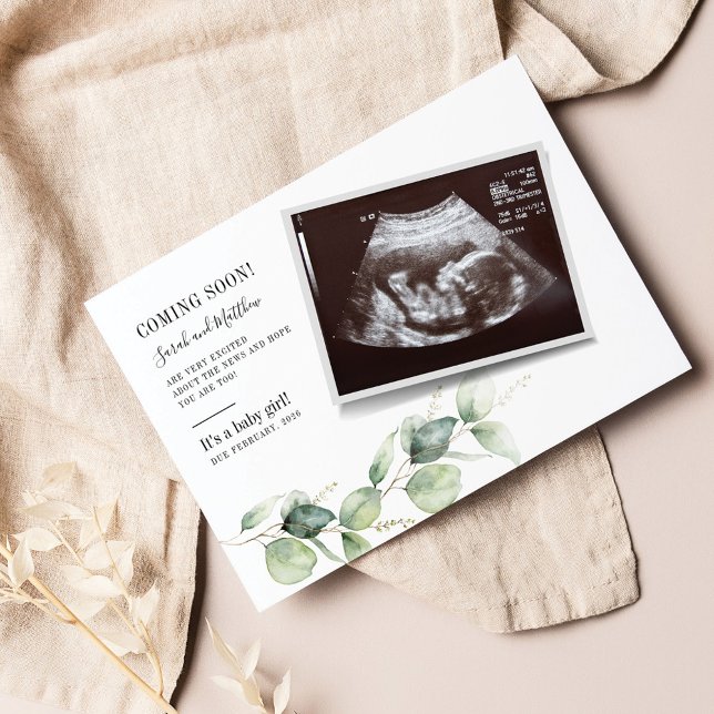 Eukalyptus Sonogram Baby Reveal Schwangerschaft Ankündigungspostkarte (Baby Announcement Sonogram Ultra Scan Custom Card)