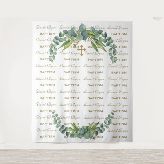 Eukalyptus Step & Repeat Gold Taufrequisit Wandteppich (Vorderseite)