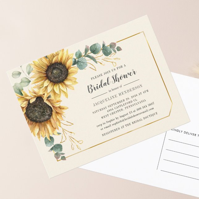 Eukalyptus Sunflower Bloral Script-Brautparty Einladungspostkarte (Floral Sunflower Eucalyptus Bridal Shower Invitation Postcard)