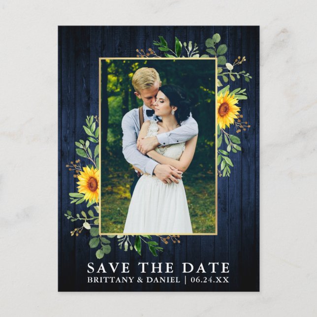 Eukalyptus Sunflower Blue Wood Save the Date Postkarte (Vorderseite)