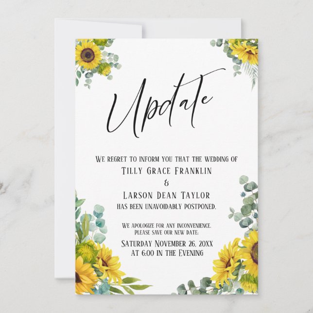 Eukalyptus Sunflower Delayed Wedding Update Card Einladung (Vorderseite)