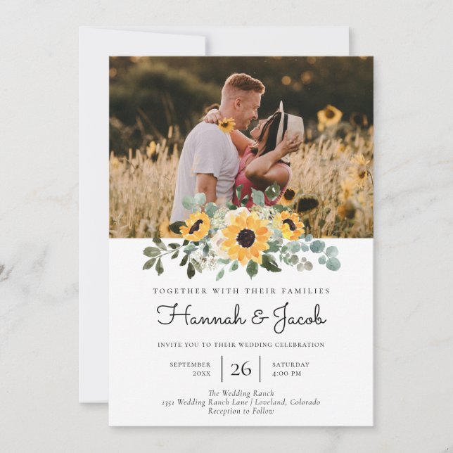 Eukalyptus Sunflower Rustic Wedding Einladung (Vorderseite)
