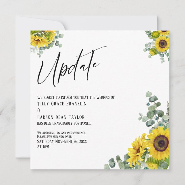 Eukalyptus Sunflower Update Wedding Delay Card Einladung (Vorderseite)