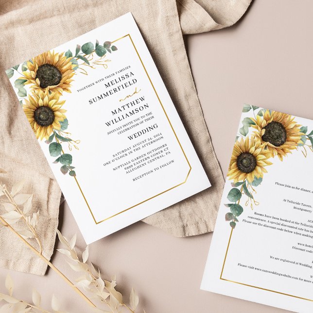 Eukalyptus Sunflower Wedding All-in-One (Sunflower Eucalyptus Wedding Invitation All-in-One with Details on the reverse side)