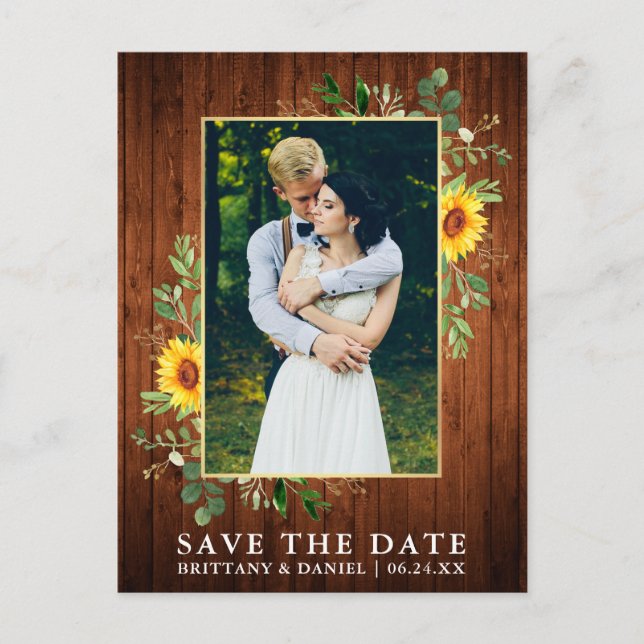 Eukalyptus Sunflower Wood Save the Date Postkarte (Vorderseite)