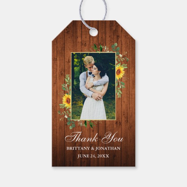 Eukalyptus Sunflower Wood Wedding Geschenkanhänger (Vorderseite)