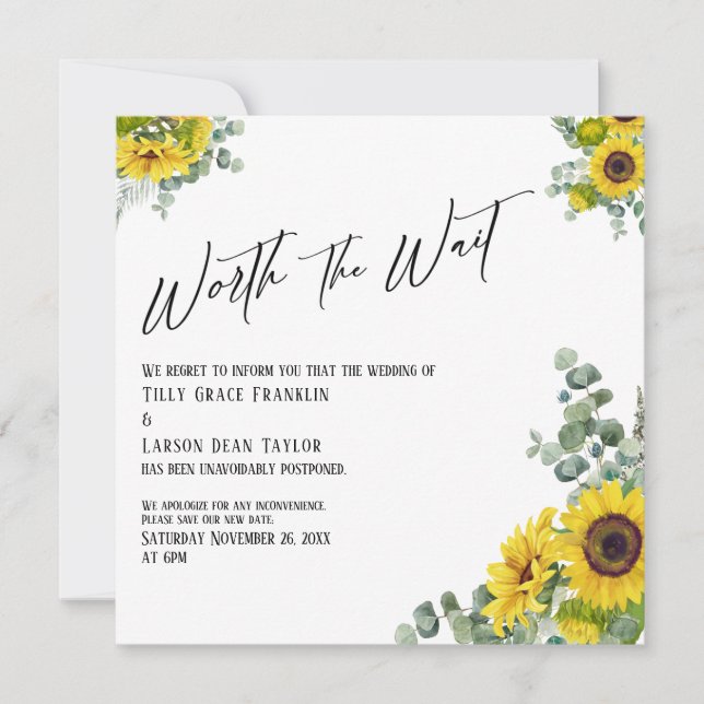 Eukalyptus Sunflower Worth Wait Wedding Card Einladung (Vorderseite)