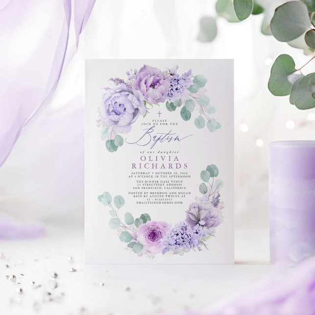 Eukalyptus-Taufe Einladung (Dusty Purple Flowers Baptism Invitations)