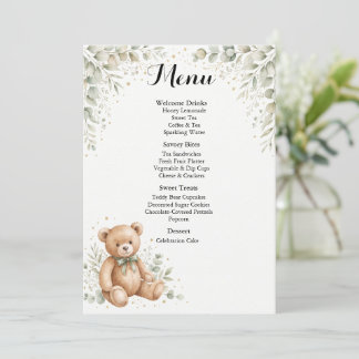 Eukalyptus-Teddybär-Baby-Shower-Menükarte Menükarte