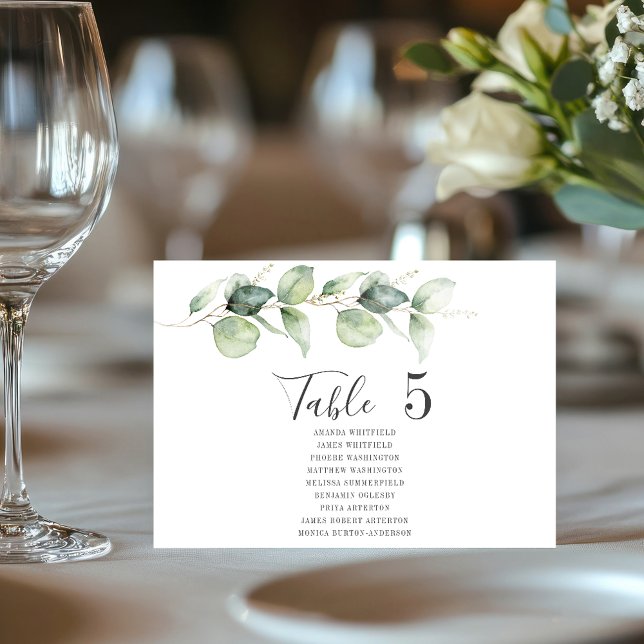 Eukalyptus-Tisch-Nummer-5-Hochzeitssitzplan Einladung (Eucalyptus Greenery Wedding Reception Script Table Number with Guest Names)