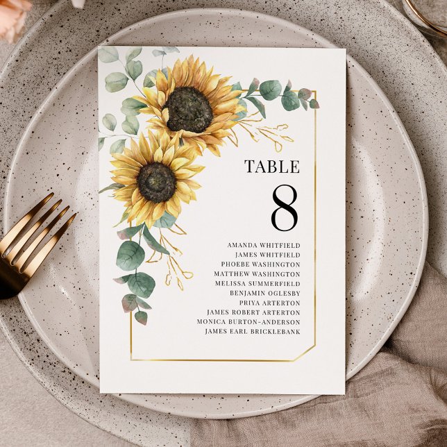 Eukalyptus-Tischnummer Hochzeitssaison Einladung (Sunflower Eucalyptus Floral Table Number Seating Chart Card)