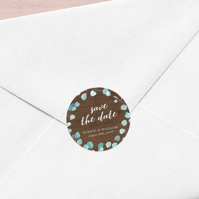 Eukalyptus und Braunwald Save the Date Runder Aufkleber (Von Creator hochgeladen)